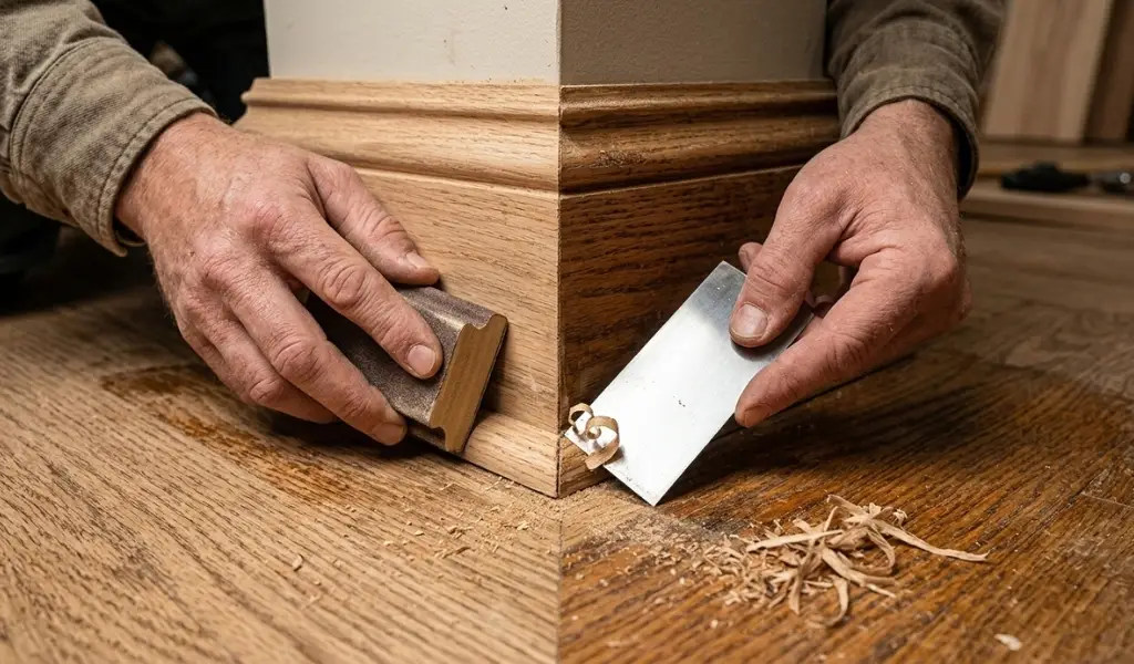 using a card scraper and hand block right into the corners of a wood floor
