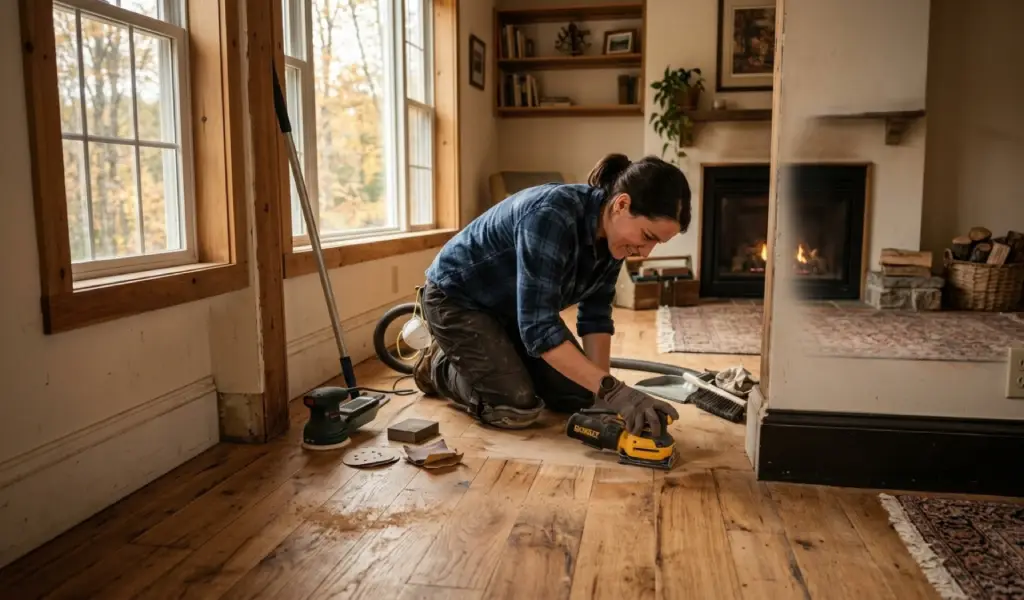 how to hand sand wood floors using a handheld sander and sanding block