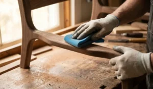 how to sand curved wood and rounded shapes with a flexible sanding sponge on a curved wooden chair arm