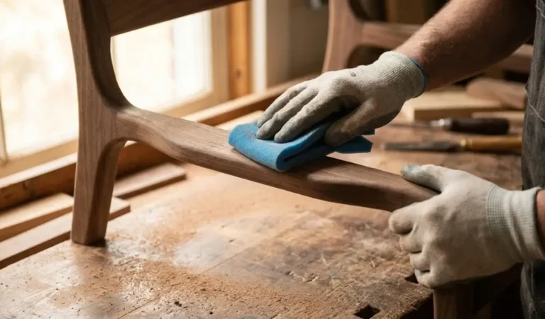 how to sand curved wood and rounded shapes with a flexible sanding sponge on a curved wooden chair arm