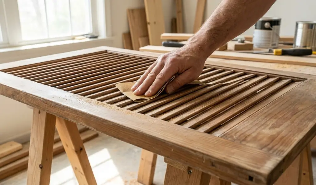 how to sand louvered doors flat on sawhorses with folded sandpaper for paint prep