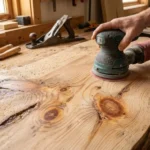 how to sand resinous wood with open-coat sandpaper on a pine board with pitch pockets