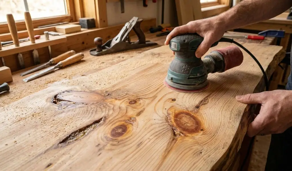 how to sand resinous wood with open-coat sandpaper on a pine board with pitch pockets