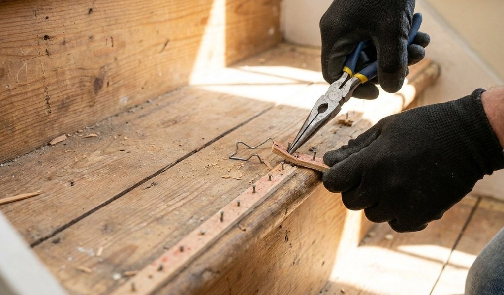 removing old staples and carpet tacks from wooden stairs