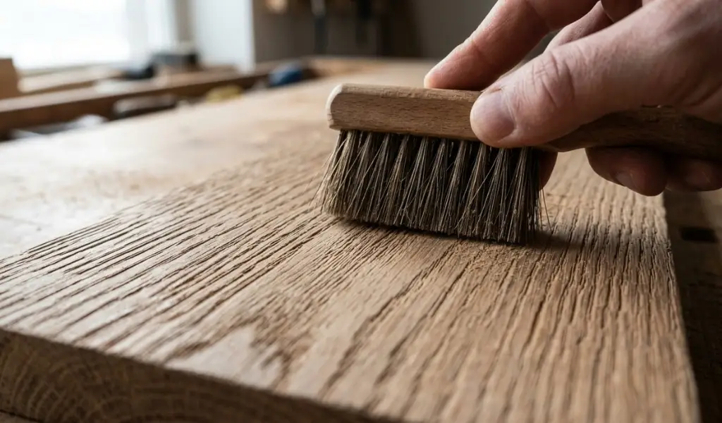 sanding brush removing raised wood grain and felting