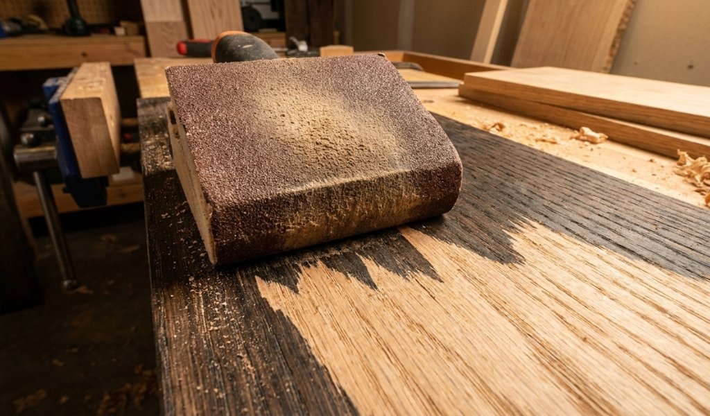 removing old wood stain using coarse sandpaper grit