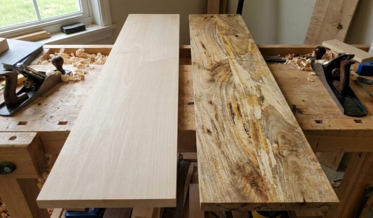 Rubberwood vs. Mango Wood comparison showing grain and color differences