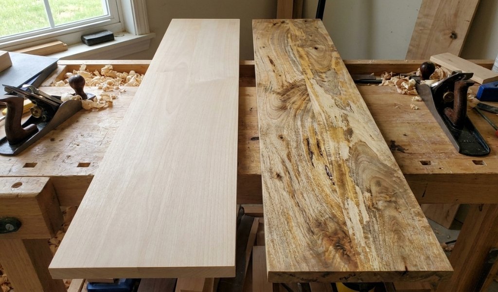 Rubberwood vs. Mango Wood comparison showing grain and color differences