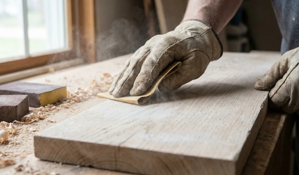 sanding dried and bleached wood surface for a smooth finish