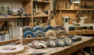 sanding brush for wood and abrasive wheels in a workshop