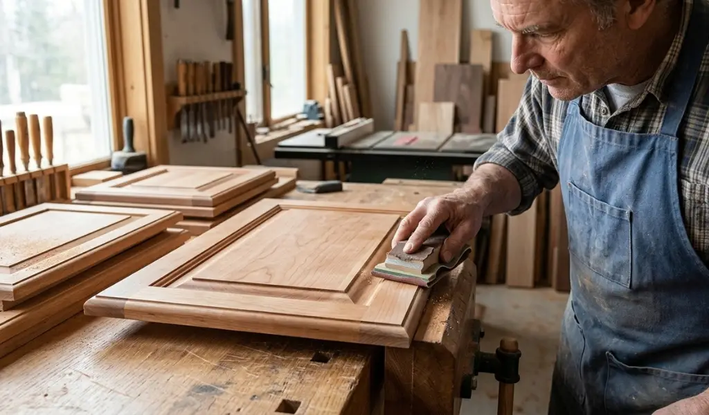 profile sanding tool smoothing the curved edge of a raised panel cabinet door