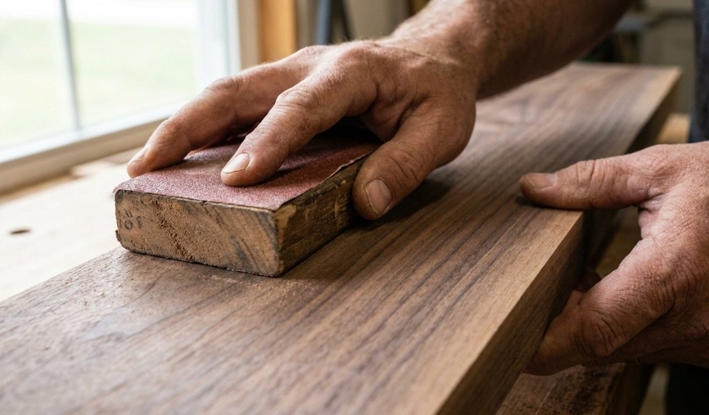 hand sanding wood along the grain to prevent scratches