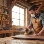 sanding wood stain process in a professional woodworking shop