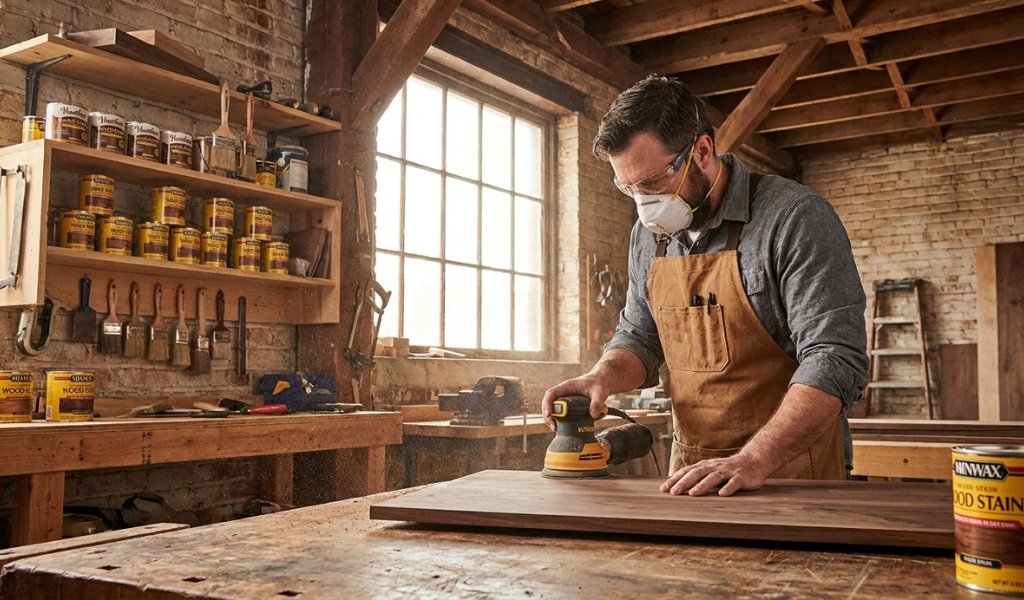 sanding wood stain process in a professional woodworking shop