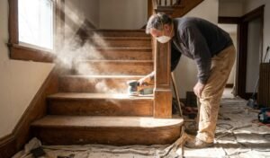 sanding wood stairs with a random orbital sander
