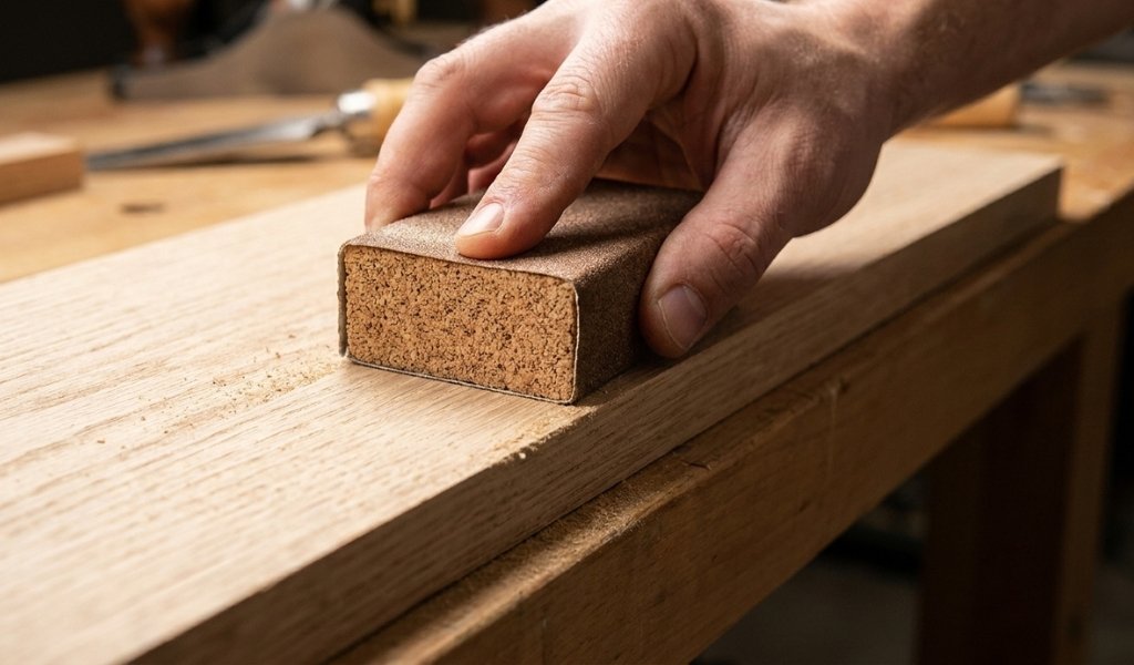 hand sanding wood with a block before staining