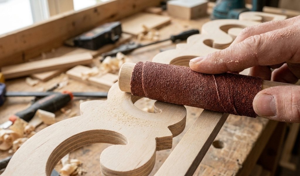 hand sanding tight concave curves using sandpaper wrapped around a wooden dowel rod