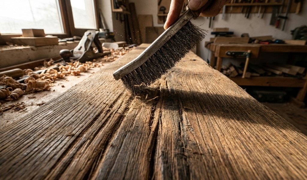steel wire brush creating rustic textures on wood