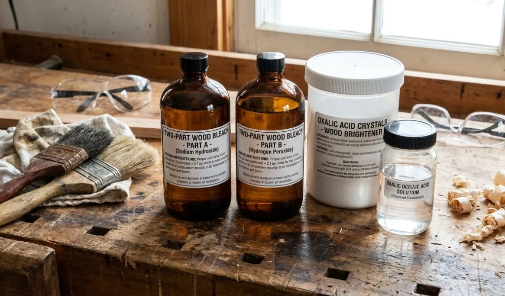 different types of wood bleach products and chemical containers