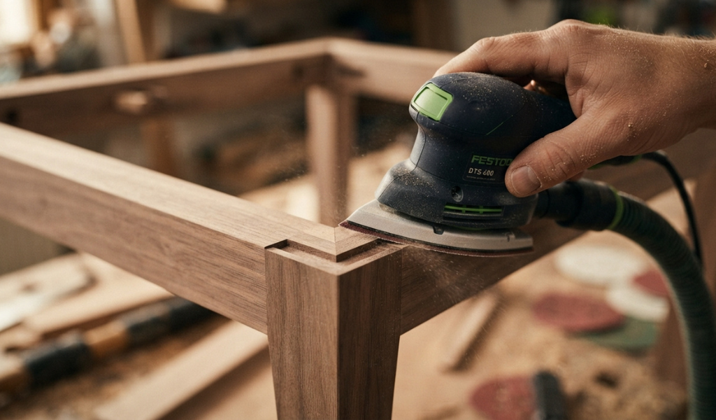 Using a detail sander to sand a tight corner on a wooden furniture frame.