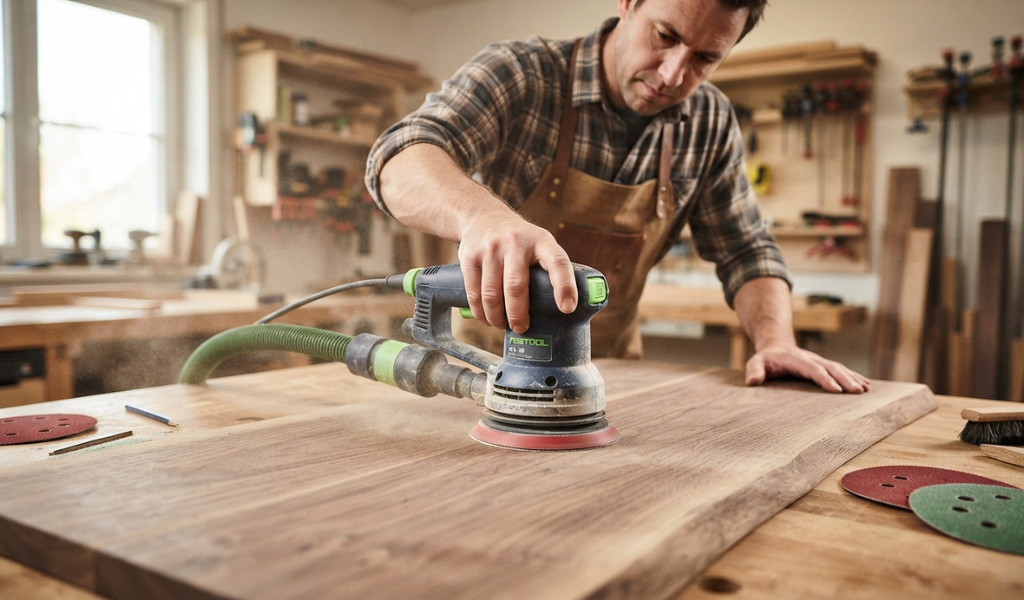 Sanding a large wooden tabletop with a random orbital sander.