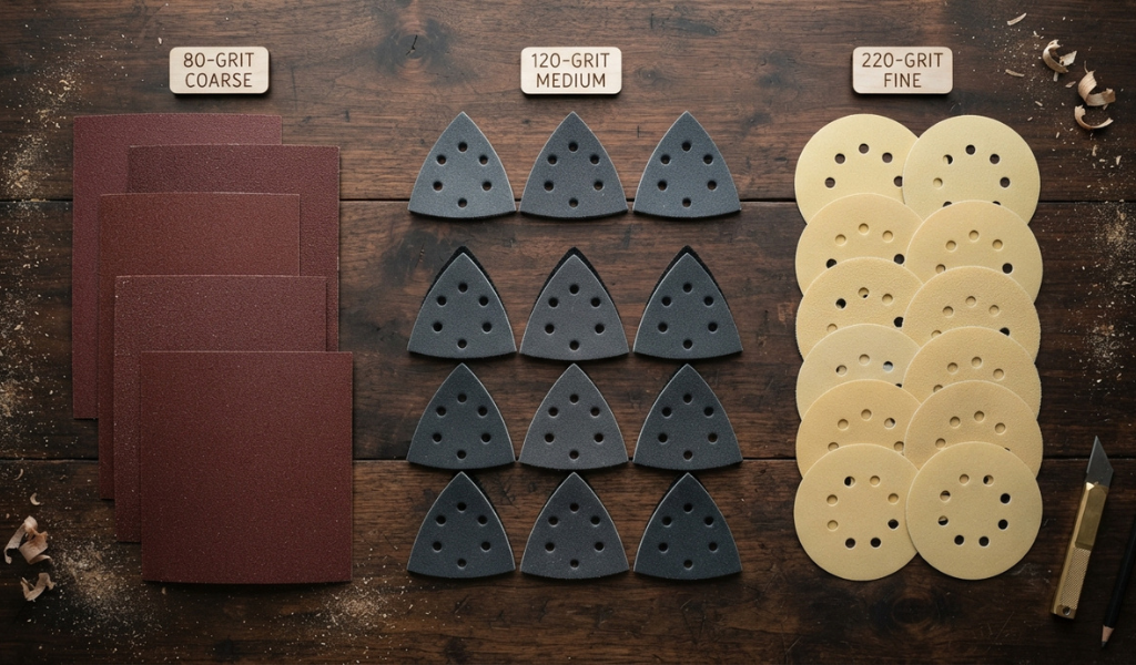 Assorted sandpaper grits, triangular detail pads, and round orbital sanding discs on wood.