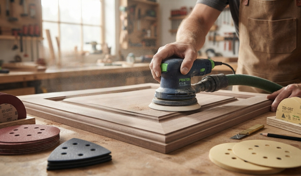 Woodworker preparing tools for both broad surface and detailed edge sanding.