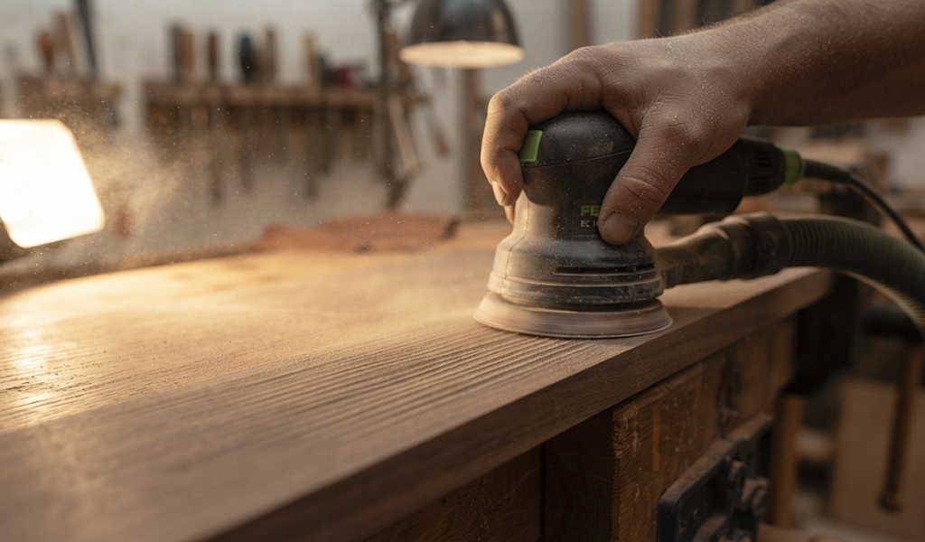 Woodworker using a card scraper to shave thin curls off a walnut board.