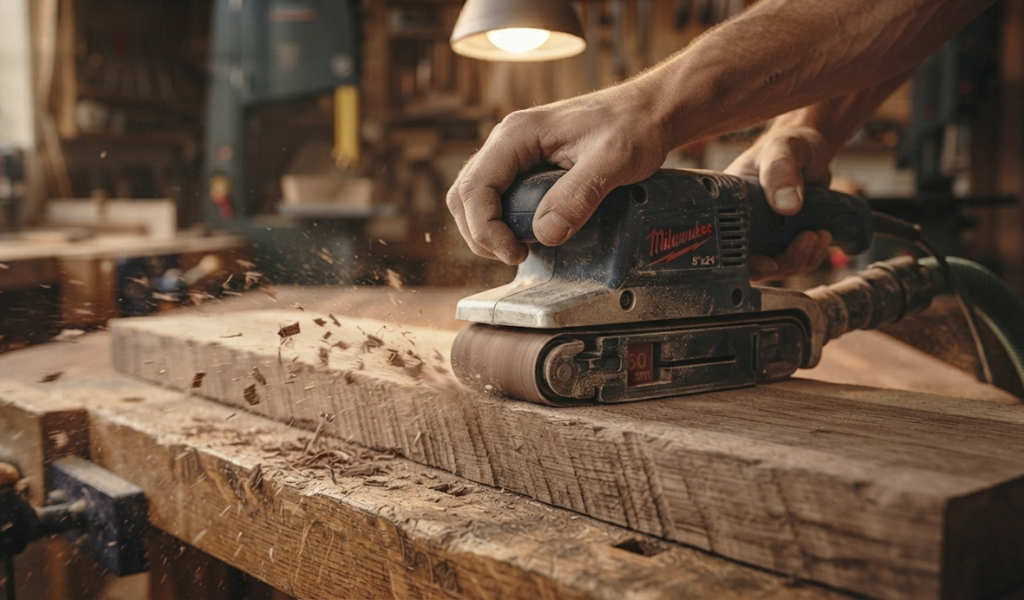 Power belt sander removing material quickly from rough lumber.