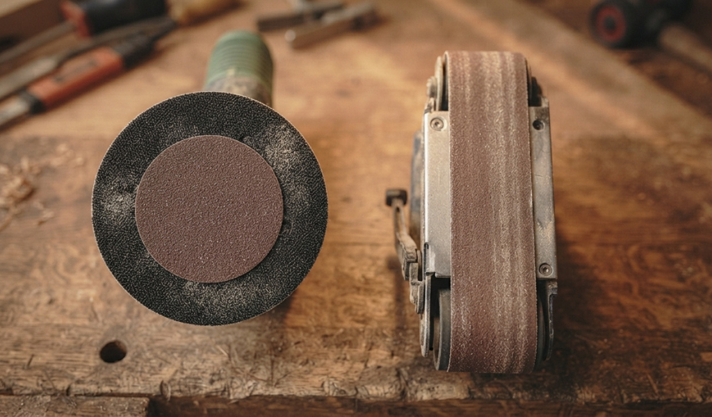 Round sanding pad versus rectangular belt sander base side by side.
