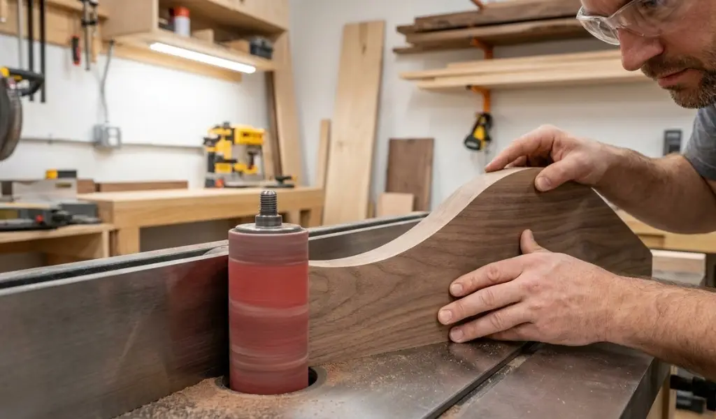 sanding inside curves of a wooden board using an oscillating spindle sander machine in a workshop