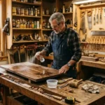 water popping wood table surface with spray bottle mist to raise grain before staining