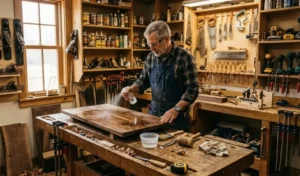 water popping wood table surface with spray bottle mist to raise grain before staining