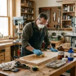 wood bleach application on hardwood surface in a workshop
