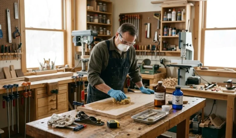 wood bleach application on hardwood surface in a workshop