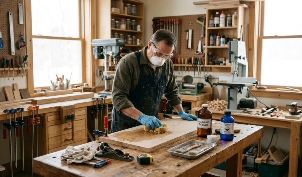 wood bleach application on hardwood surface in a workshop