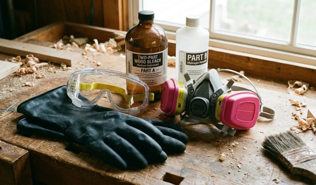 safety equipment and gear for wood bleaching with protective gloves and goggles