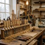 chisels for wood carving neatly arranged in a workshop
