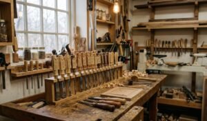 chisels for wood carving neatly arranged in a workshop