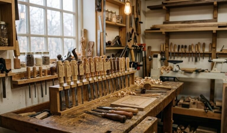 chisels for wood carving neatly arranged in a workshop