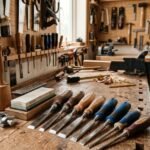 a complete wood chisel set laid out on a workshop bench