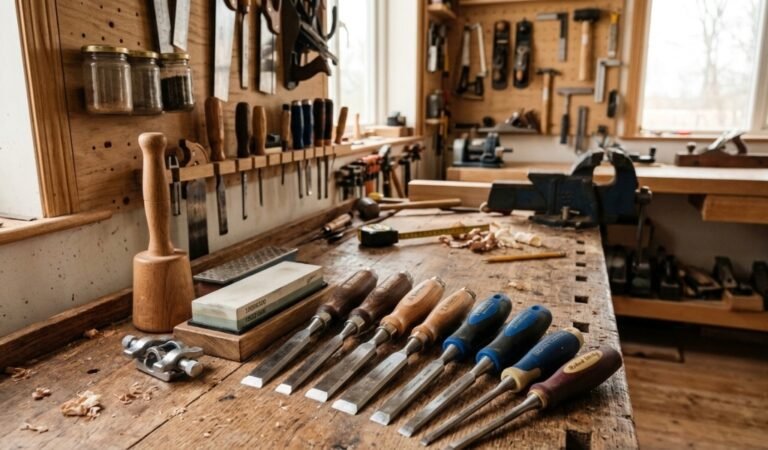 a complete wood chisel set laid out on a workshop bench