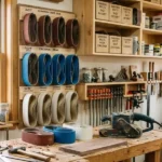wood sanding belts arranged in a woodworking workshop with belt sander