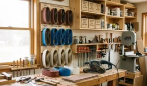 wood sanding belts arranged in a woodworking workshop with belt sander