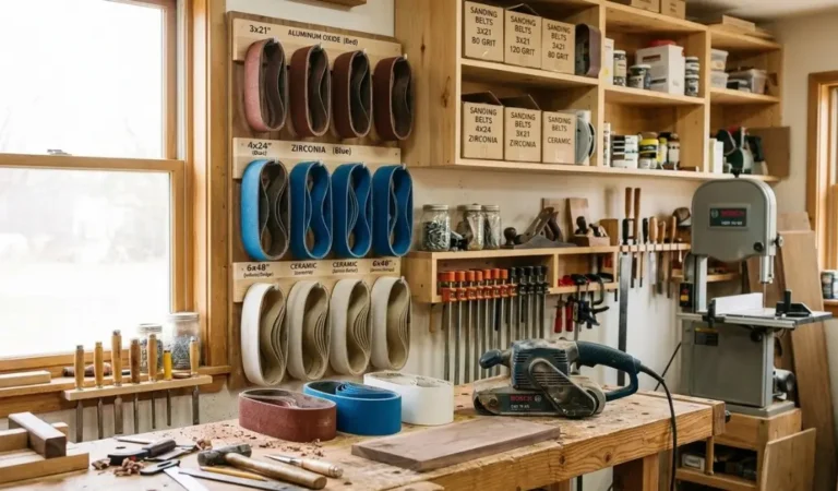 wood sanding belts arranged in a woodworking workshop with belt sander