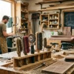 wood sanding brush types and abrasive filament tools on a workbench