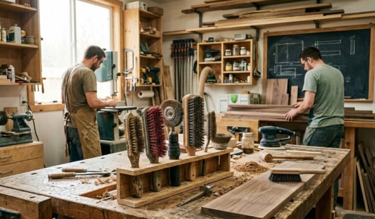 wood sanding brush types and abrasive filament tools on a workbench