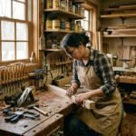wood sanding and staining process in a professional workshop
