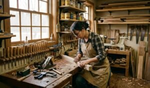 wood sanding and staining process in a professional workshop