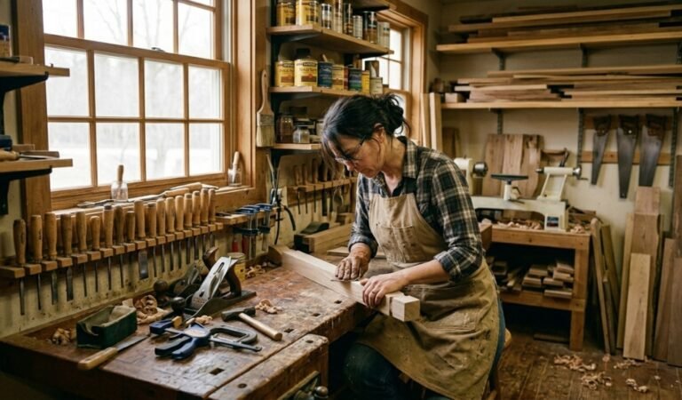 wood sanding and staining process in a professional workshop